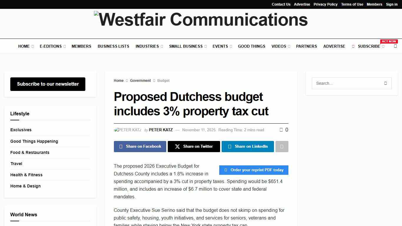 Proposed Dutchess budget includes 3% property tax cut - Westfair Communications